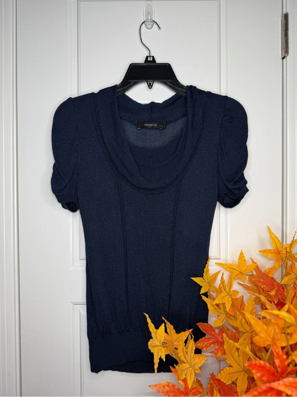 Arden B Navy Cowl Neck Short Sleeve Sweater